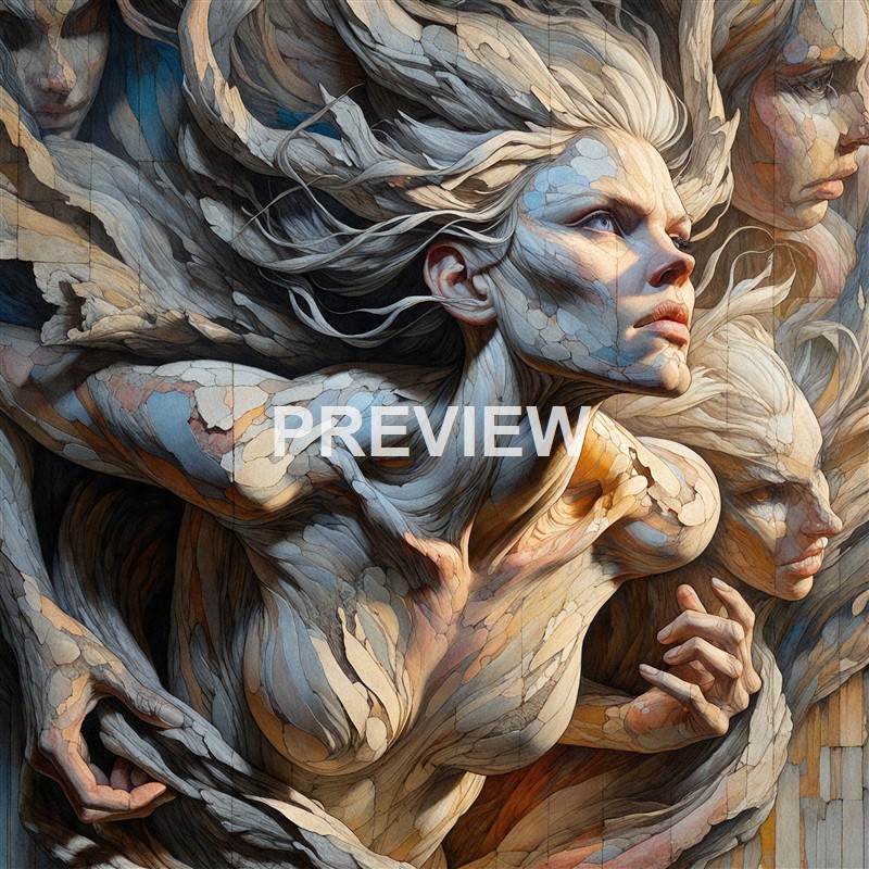The image depicts a highly detailed, artistic rendering of multiple intertwined female figures with flowing hair, resembling a sculpture or digital painting with a textured, cracked surface appearance.